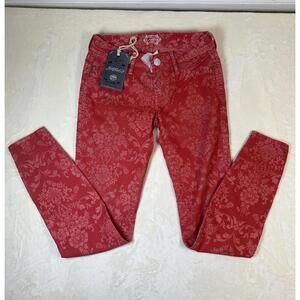 New Stitch’s Artisan Corduroy Pants Sz 24 Red Floral Jacquard Boho Vintage